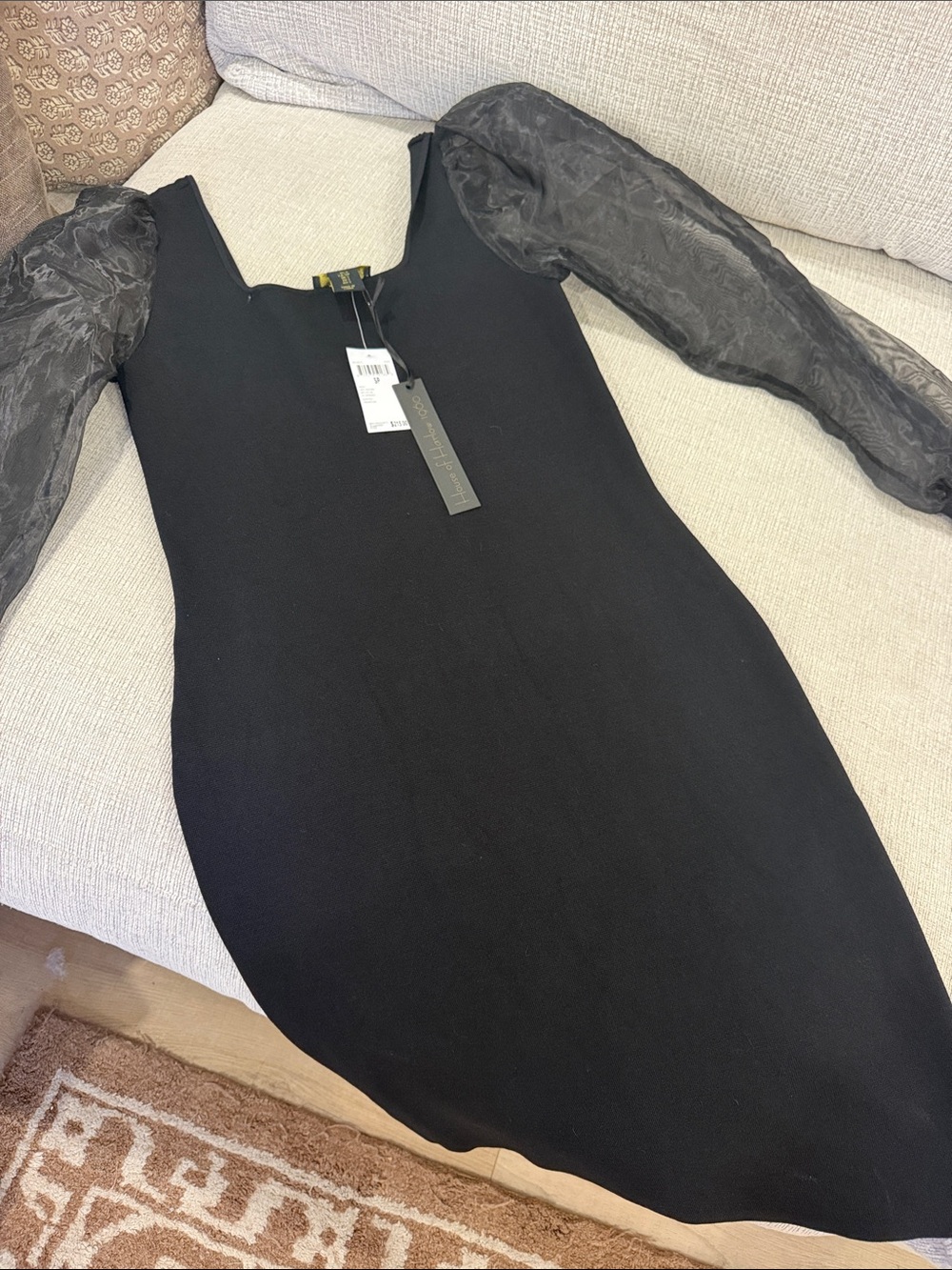 House of Harlow 1960 Black Bodycon Dress with Sheer Puff Sleeves